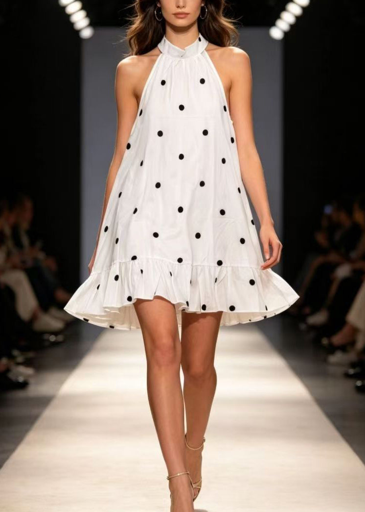 Handmade White Stand Collar Ruffled Patchwork Mid Dress Summer