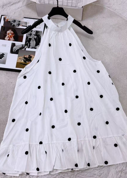 Handmade White Stand Collar Ruffled Patchwork Mid Dress Summer