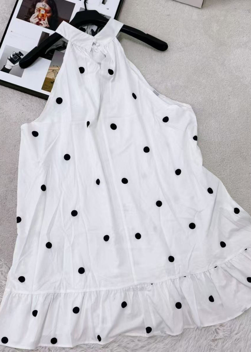 Handmade White Stand Collar Ruffled Patchwork Mid Dress Summer
