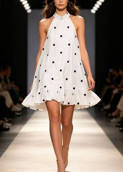 Handmade White Stand Collar Ruffled Patchwork Mid Dress Summer