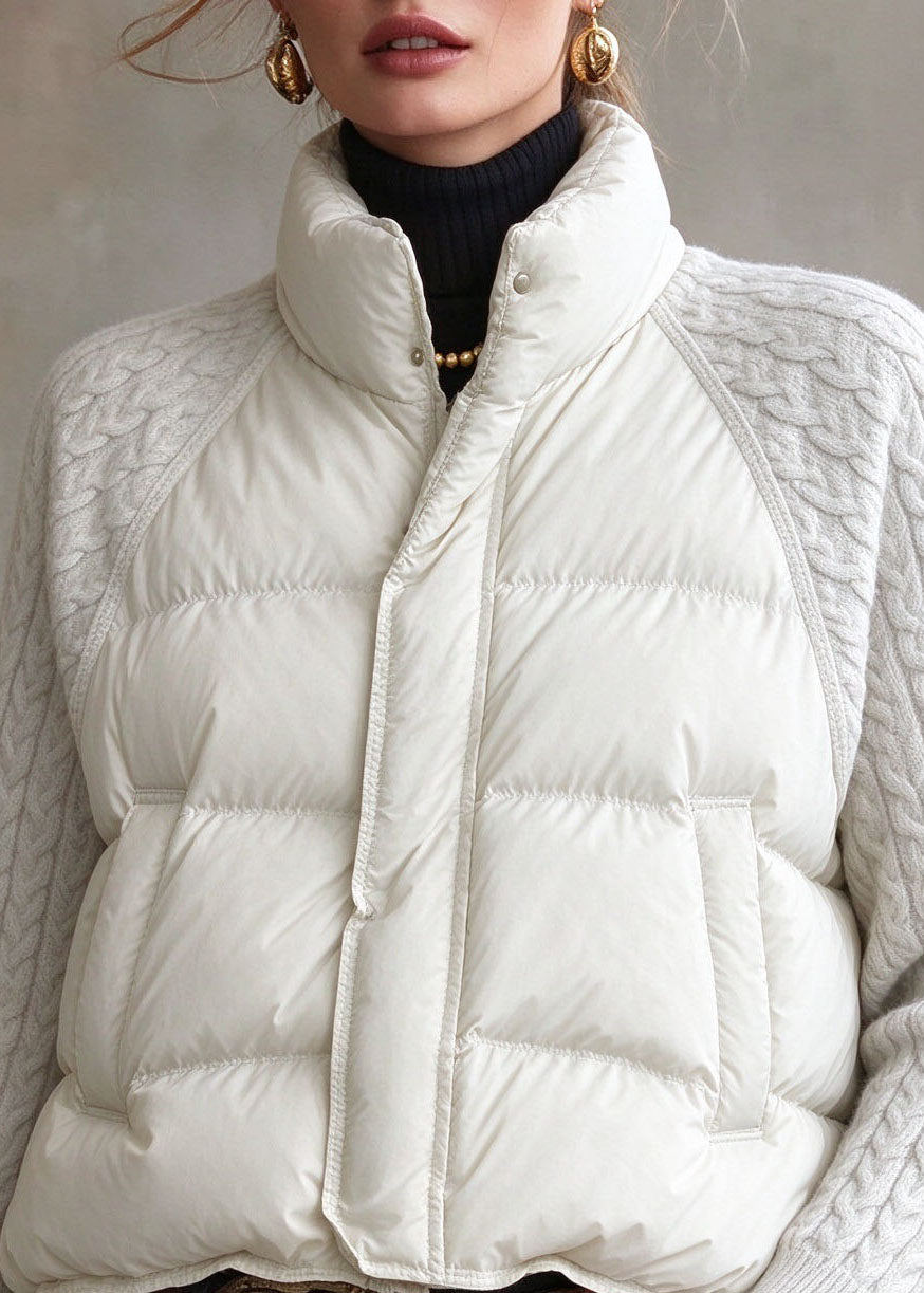 Handmade White Stand Collar Zippered Pockets Parka Winter
