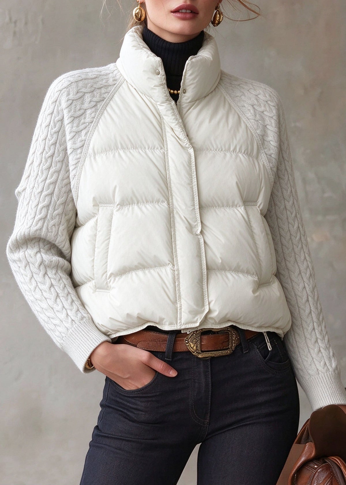 Handmade White Stand Collar Zippered Pockets Parka Winter
