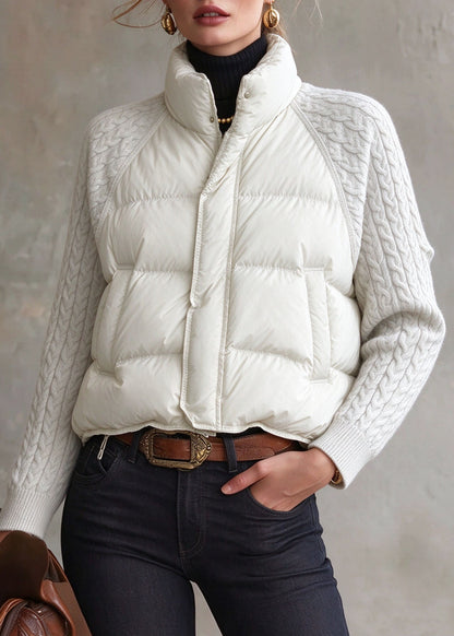 Handmade White Stand Collar Zippered Pockets Parka Winter