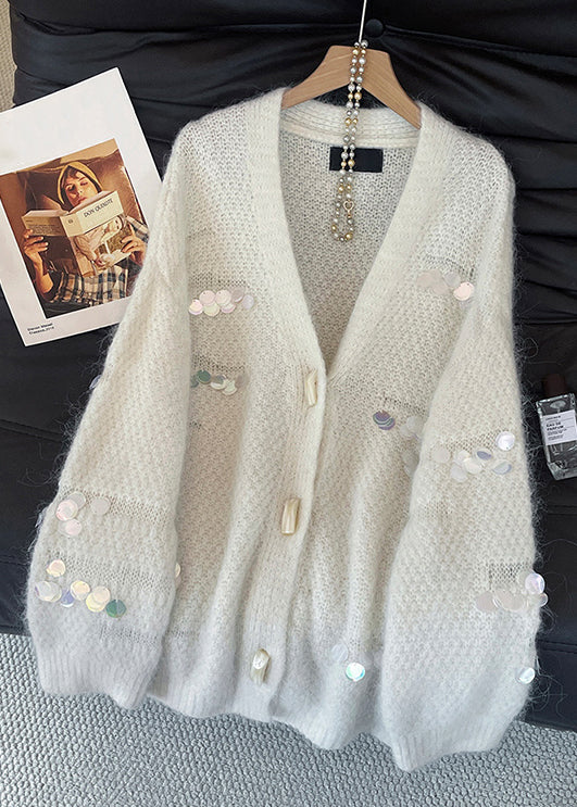Handmade White V Neck Button Sequins Woolen Cardigan Fall