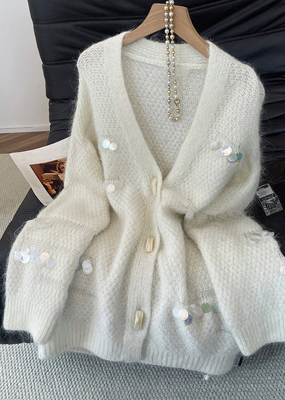 Handmade White V Neck Button Sequins Woolen Cardigan Fall