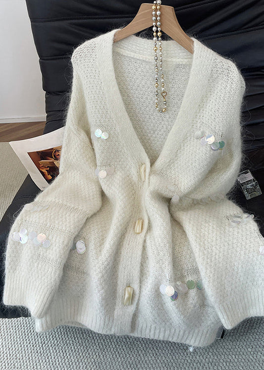 Handmade White V Neck Button Sequins Woolen Cardigan Fall