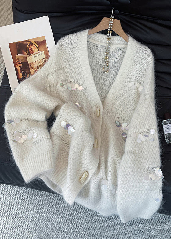 Handmade White V Neck Button Sequins Woolen Cardigan Fall