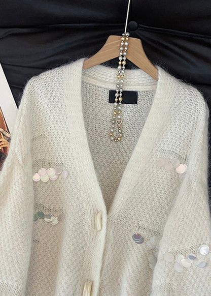 Handmade White V Neck Button Sequins Woolen Cardigan Fall