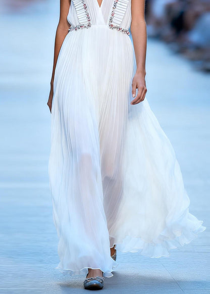 Handmade White V Neck Floral Wrinkled Chiffon Robe Dresses Sleeveless