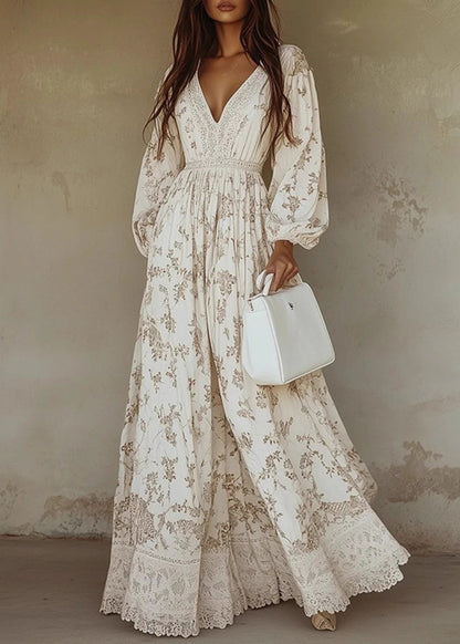 Handmade White Wrinkled Print Maxi Dress Lantern Sleeve