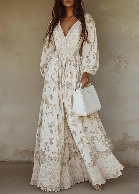 Handmade White Wrinkled Print Maxi Dress Lantern Sleeve