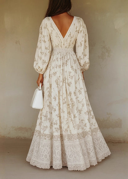 Handmade White Wrinkled Print Maxi Dress Lantern Sleeve