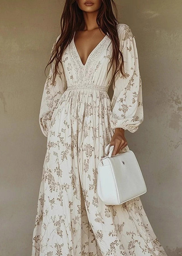 Handmade White Wrinkled Print Maxi Dress Lantern Sleeve