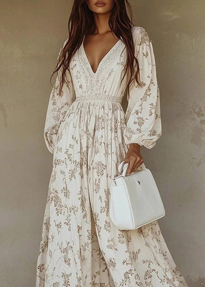 Handmade White Wrinkled Print Maxi Dress Lantern Sleeve