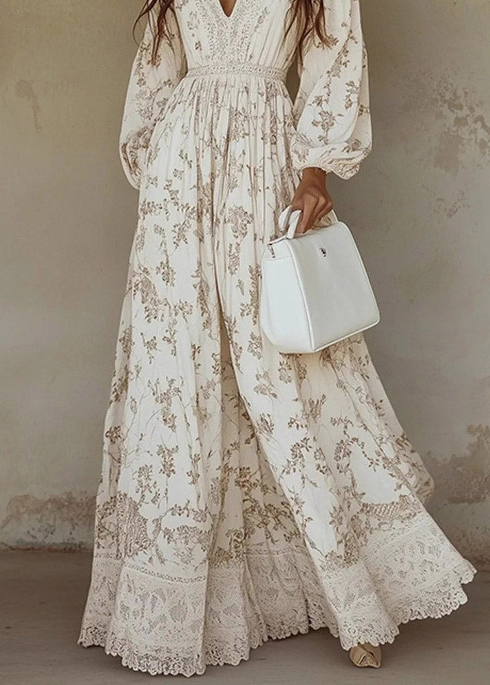 Handmade White Wrinkled Print Maxi Dress Lantern Sleeve