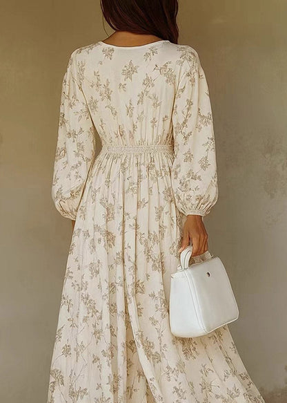 Handmade White Wrinkled Print Maxi Dress Lantern Sleeve
