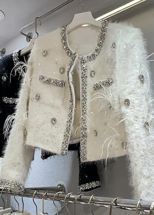 Handmade White Zircon Feather Cotton Filled Coat Winter