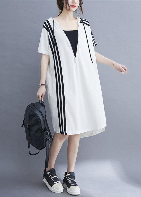 Handmade White hooded zippered Cotton Summer Mid Dress - SooLinen