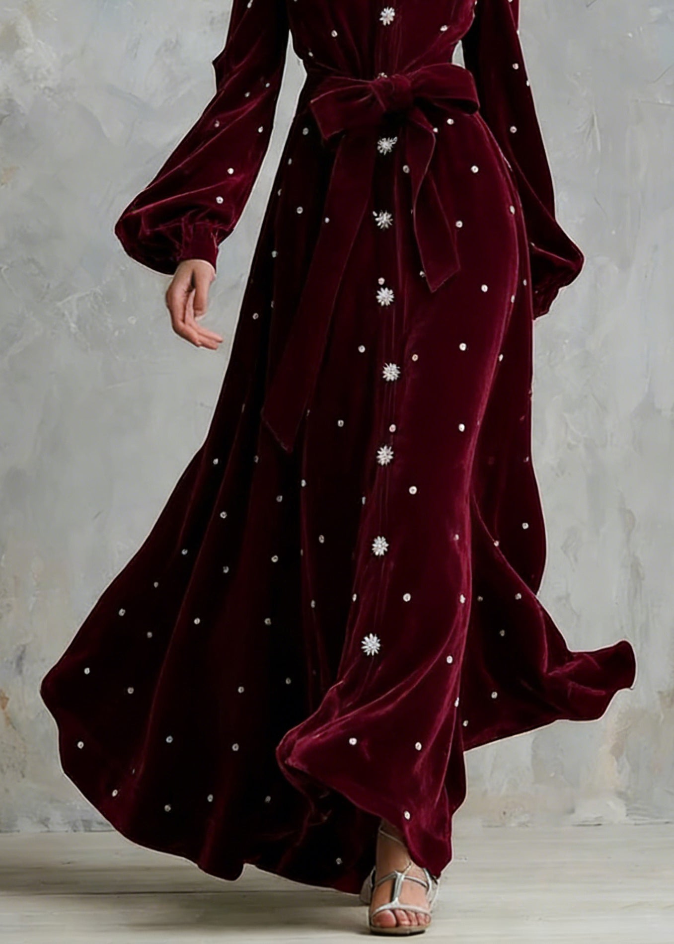 Handmade Wine Red Zircon Tie Waist Silk Velvet Maxi Dresses