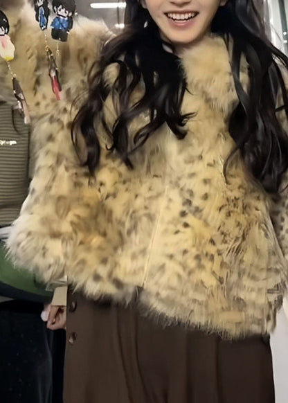 Handmade Yellow Button Leopard Print Leather And Fur Coat Winter