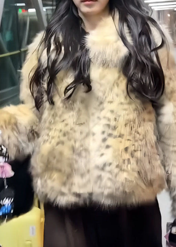 Handmade Yellow Button Leopard Print Leather And Fur Coat Winter