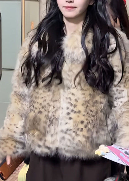 Handmade Yellow Button Leopard Print Leather And Fur Coat Winter
