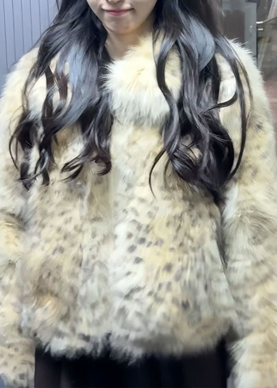 Handmade Yellow Button Leopard Print Leather And Fur Coat Winter