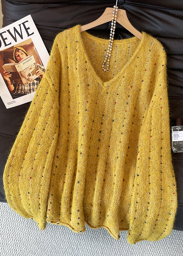 Handmade Yellow Embroidered Sequins Knit Sweater Fall