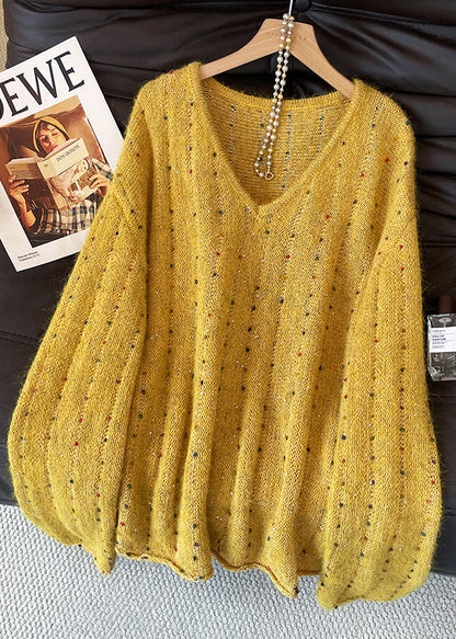 Handmade Yellow Embroidered Sequins Knit Sweater Fall