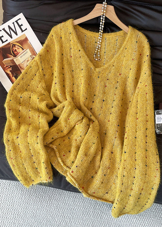 Handmade Yellow Embroidered Sequins Knit Sweater Fall