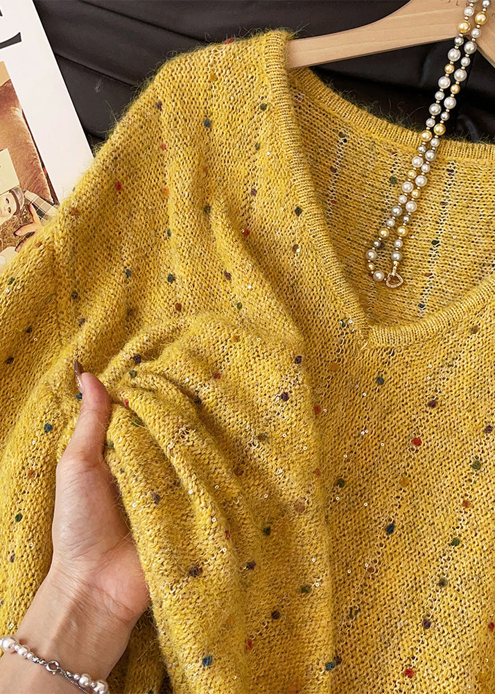 Handmade Yellow Embroidered Sequins Knit Sweater Fall