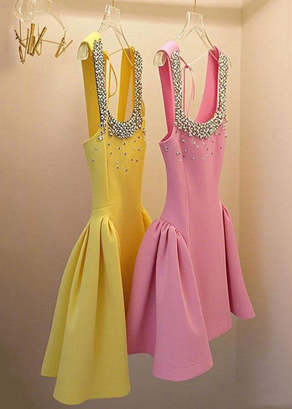 Handmade Yellow Nail Bead Lace Up Patchwork Mid Dress Sleeveless