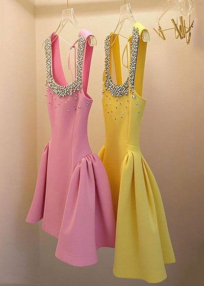 Handmade Yellow Nail Bead Lace Up Patchwork Mid Dress Sleeveless