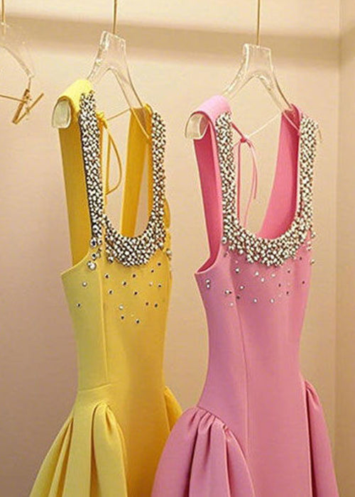 Handmade Yellow Nail Bead Lace Up Patchwork Mid Dress Sleeveless