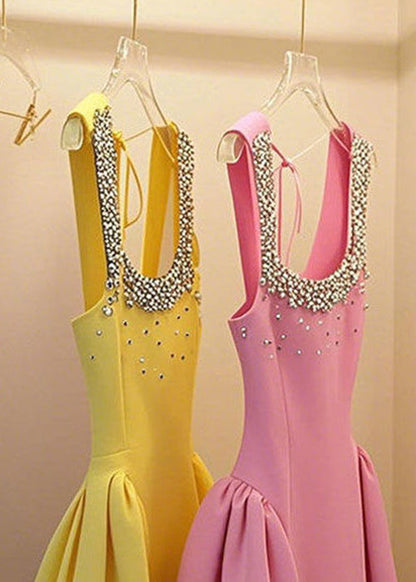 Handmade Yellow Nail Bead Lace Up Patchwork Mid Dress Sleeveless