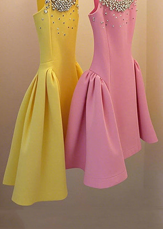 Handmade Yellow Nail Bead Lace Up Patchwork Mid Dress Sleeveless