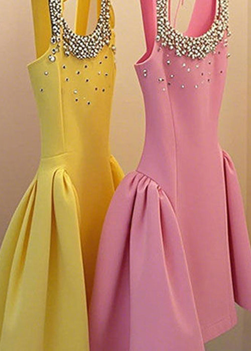 Handmade Yellow Nail Bead Lace Up Patchwork Mid Dress Sleeveless