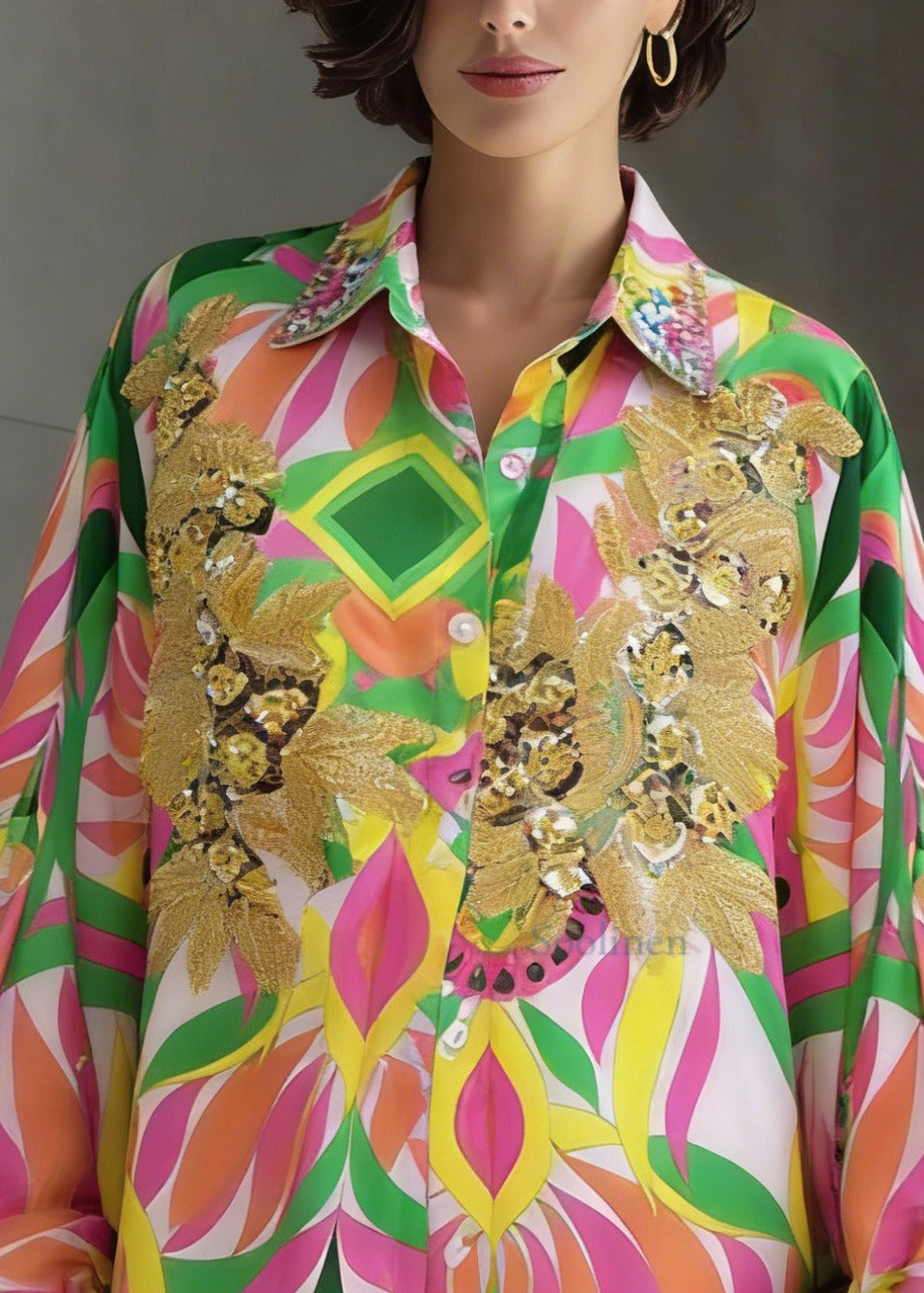Handmade Yellow Nail Bead Print Silk Blouses Batwing Sleeve