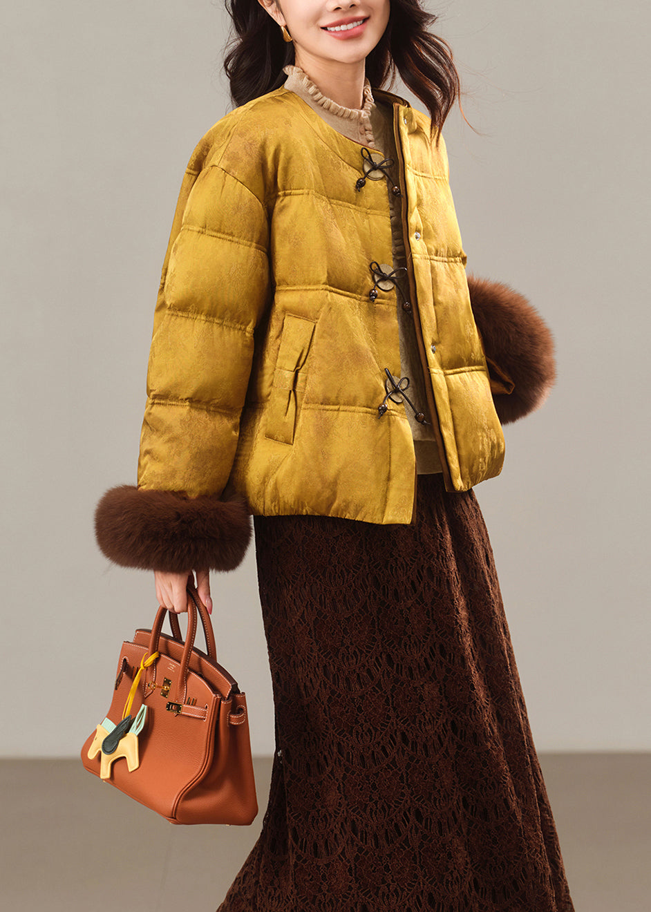 Handmade Yellow O Neck Fur Patchwork Duck Down Puffers Jackets Winter