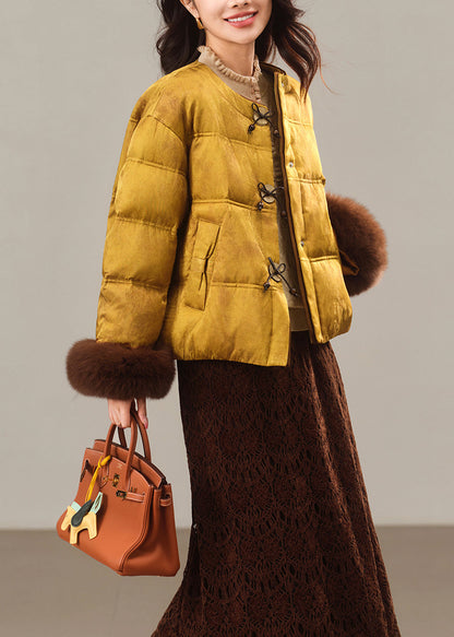 Handmade Yellow O Neck Fur Patchwork Duck Down Puffers Jackets Winter