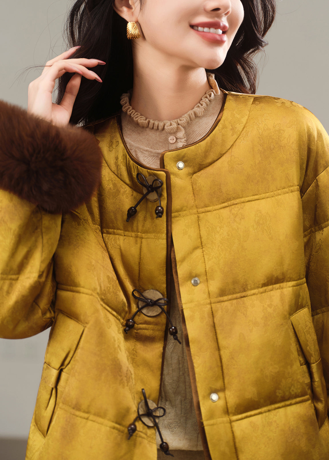 Handmade Yellow O Neck Fur Patchwork Duck Down Puffers Jackets Winter
