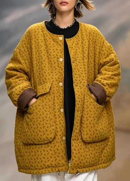 Handmade Yellow O-Neck Patchwork Down Jackets Long Sleeve