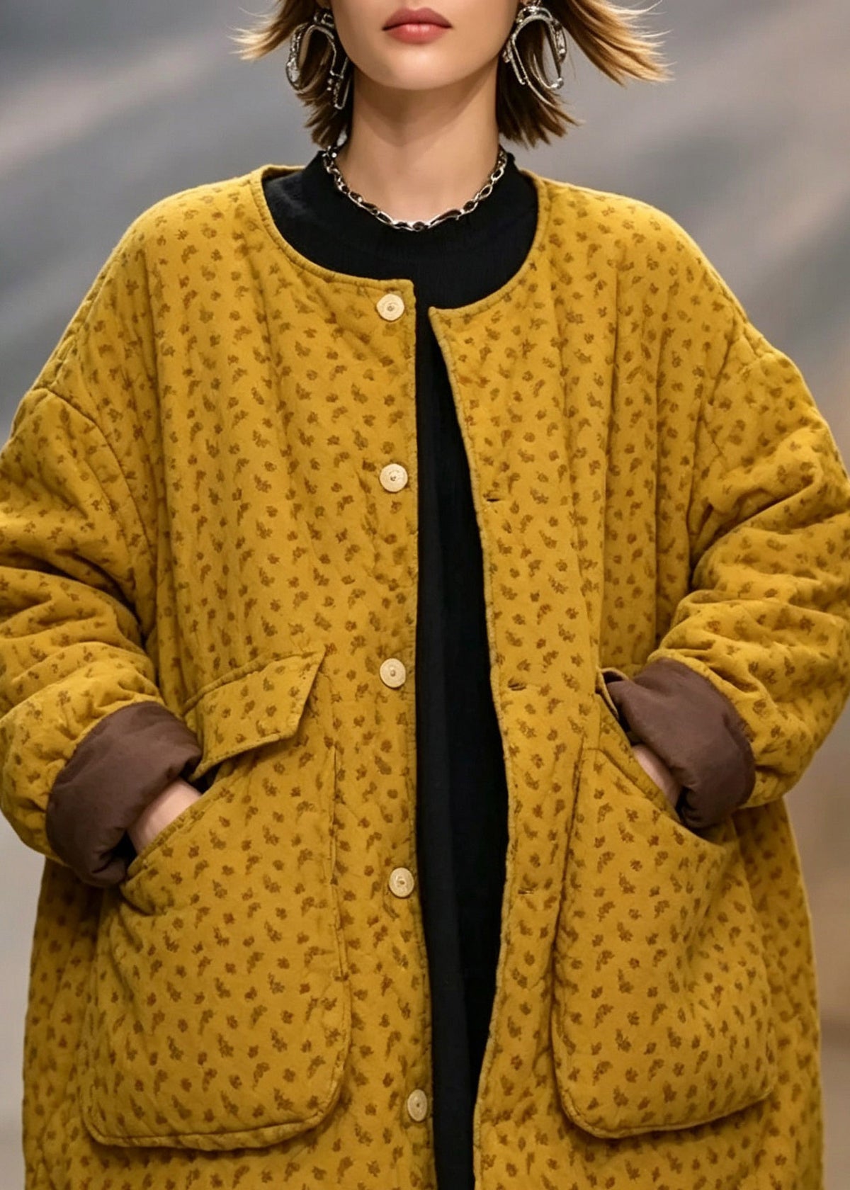Handmade Yellow O-Neck Patchwork Down Jackets Long Sleeve
