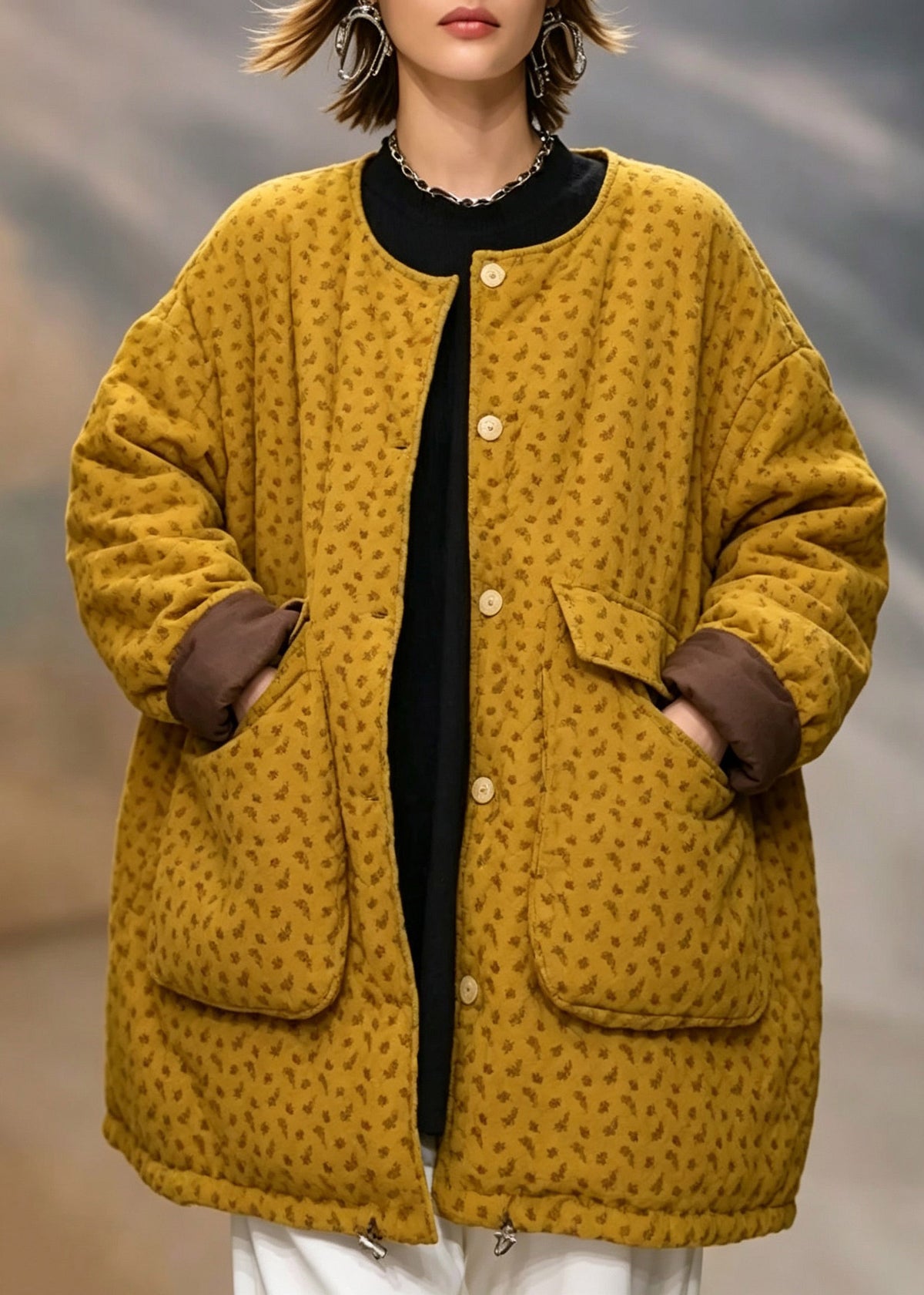Handmade Yellow O-Neck Patchwork Down Jackets Long Sleeve