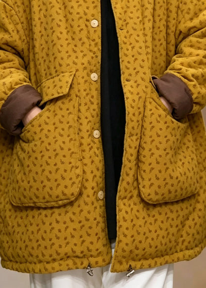 Handmade Yellow O-Neck Patchwork Down Jackets Long Sleeve