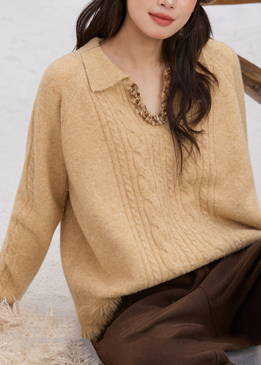 Handmade Yellow Peter Pan Collar Patchwork Sequins Thick Cotton Knit Sweaters Spring