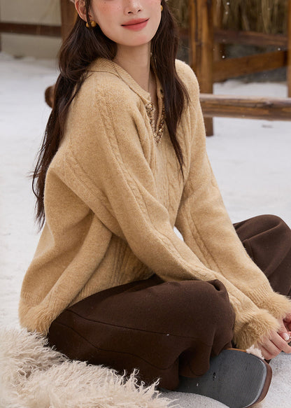 Handmade Yellow Peter Pan Collar Patchwork Sequins Thick Cotton Knit Sweaters Spring