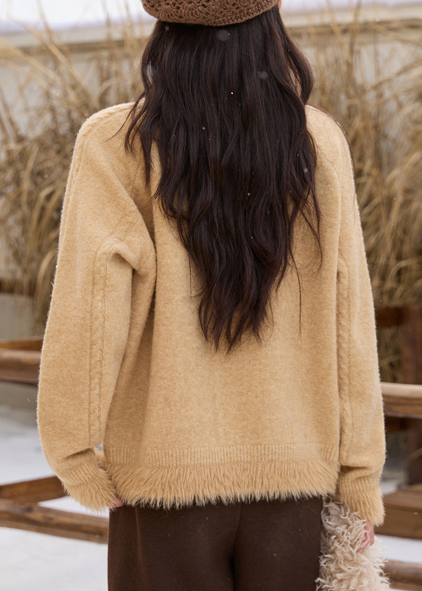 Handmade Yellow Peter Pan Collar Patchwork Sequins Thick Cotton Knit Sweaters Spring