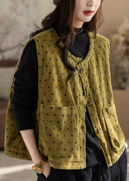 Handmade Yellow Pockets Dot Print Waistcoat Fall