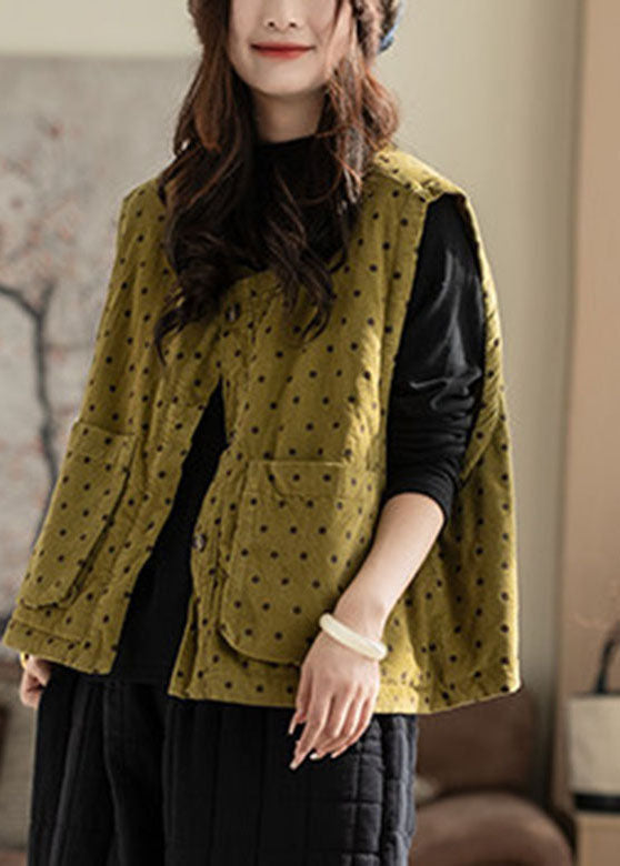 Handmade Yellow Pockets Dot Print Waistcoat Fall
